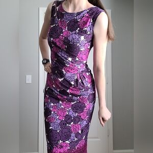 Phase Eight Vintage Floral Purple Pink Coctail Summer Dress SIZE S